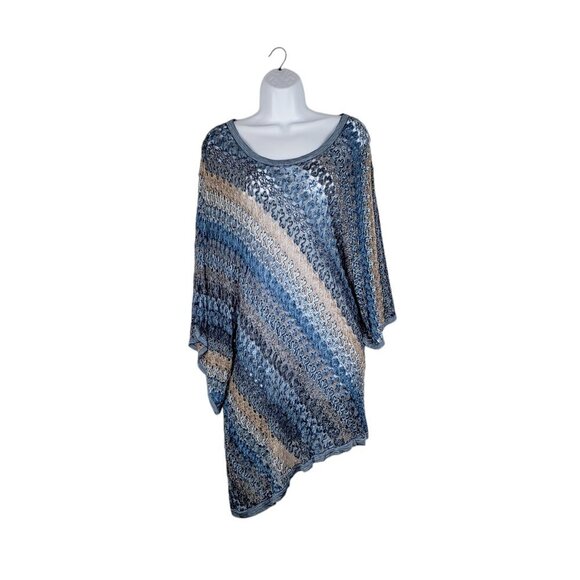Nic + Zoe Asymmetrical Sweater Open Crochet Knit Poncho Blue Stripe Size 3X - Picture 1 of 5